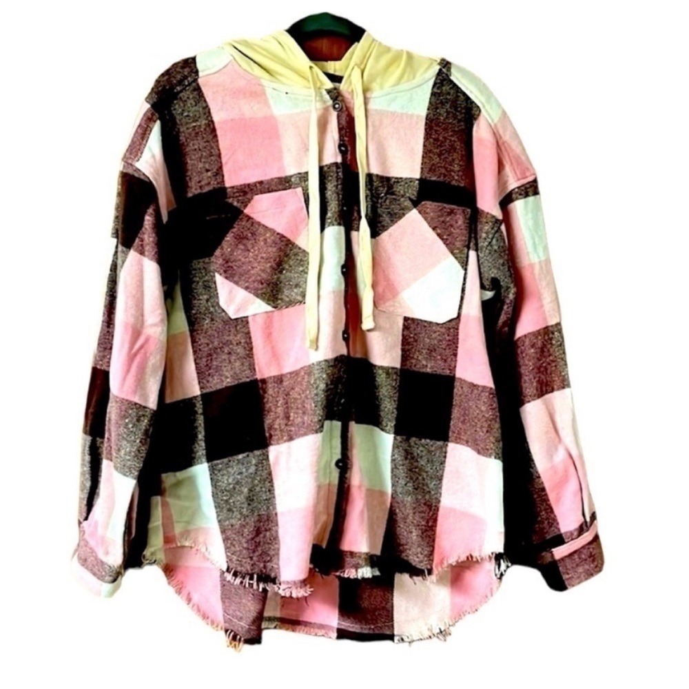 size large New In pink and brown plaid flannel shacket